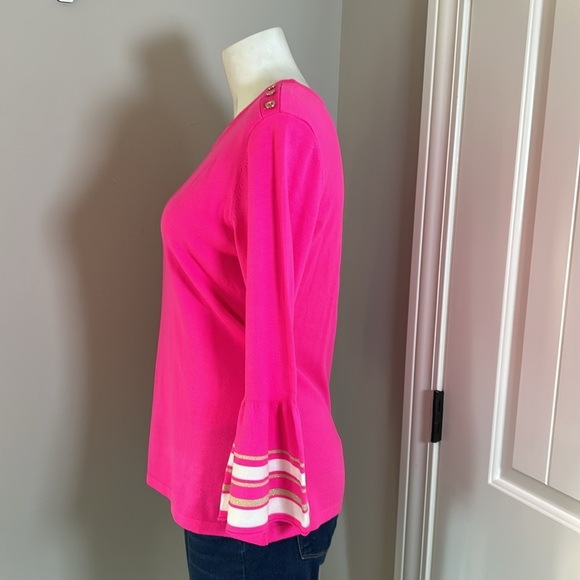 Lilly Pulitzer Callee Sweater Pink Flounce Ruffle Sleeve Gold Buttons Crewneck M - Picture 6 of 13